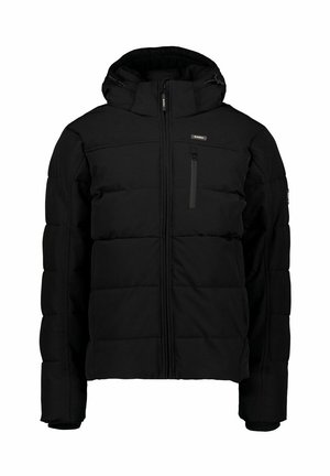 Veste isolante noire avec fermeture éclair à l'avant, capuche et poignets élastiques. Texture rembourrée avec une poche poitrine et des détails de logo.