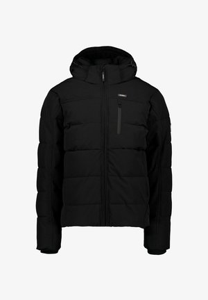 Zwarte geïsoleerde jas met een rits aan de voorzijde, capuchon en elastische manchetten. Gewatteerde textuur met een borstzak en logo-details.