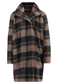 Uldblandet frakke med en afslappet pasform, der har et ternet mønster i brun, sort, grøn og orange. Bemærkelsesværdig for sin store krave og mellemlange design.