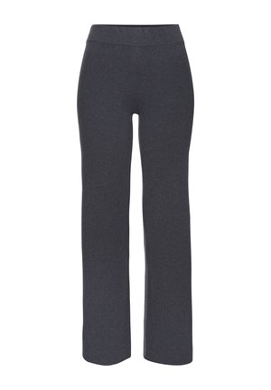 Dunkelgraue, dehnbare Stoffhosen mit einem breiten, elastischen Bund und geradem Bein. Keine sichtbaren Taschen oder Muster.