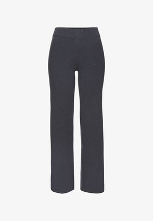 Dunkelgraue, dehnbare Stoffhosen mit einem breiten, elastischen Bund und geradem Bein. Keine sichtbaren Taschen oder Muster.
