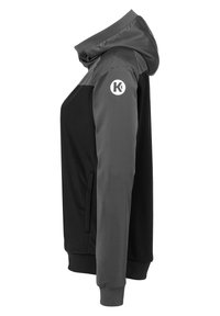 Giacca con cappuccio caratterizzata da un corpo nero e maniche grigie, realizzata in tessuto morbido con un logo sulla parte superiore del braccio, che mostra un design snello.