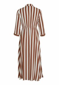 Robe longue à rayures verticales marron et blanches, manches trois-quarts, taille froncée, vue de dos sur fond blanc.