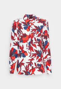 Long-sleeve button-up shirt in white with red and blue floral print. Features a collar and soft, lightweight fabric.