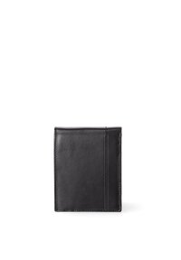 Portafoglio in pelle nera con una superficie liscia, design a bifold e diversi scomparti per carte. Stile minimalista con dettagli di cucitura sottili.