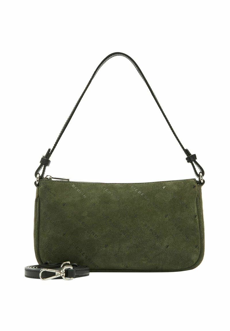 Oliwkowa zamszowa torebka na ramię z czarnym odpinanym skórzanym paskiem i srebrnym zapięciem na zamek, wytłoczona subtelnym wzorem tekstu.