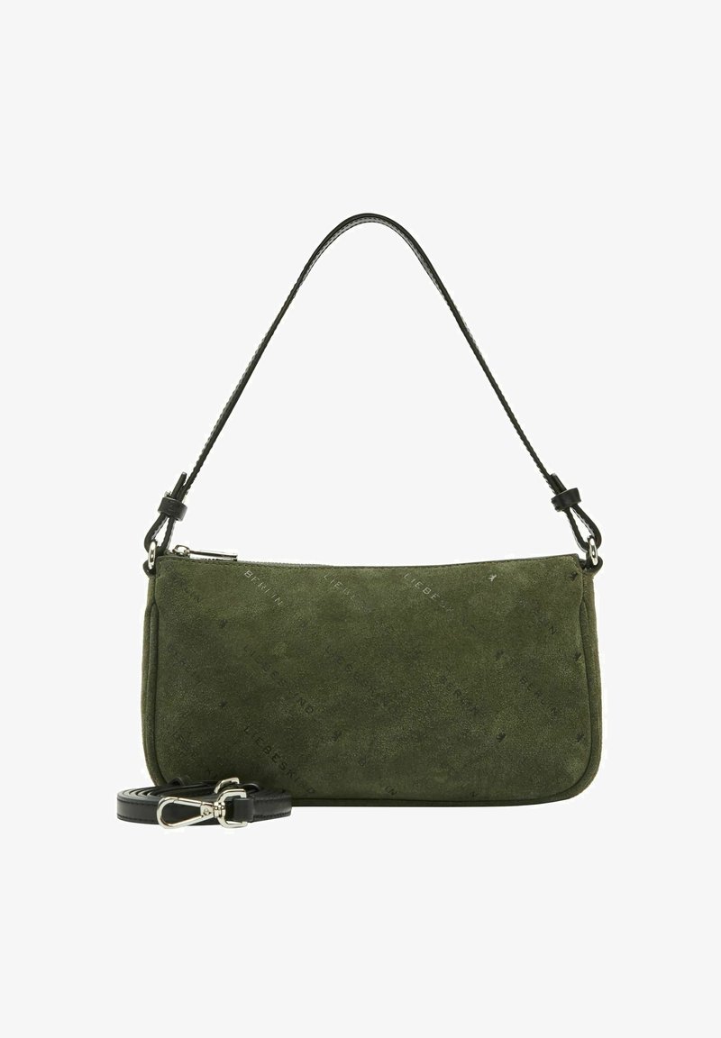 Oliwkowa zamszowa torebka na ramię z czarnym odpinanym skórzanym paskiem i srebrnym zapięciem na zamek, wytłoczona subtelnym wzorem tekstu.