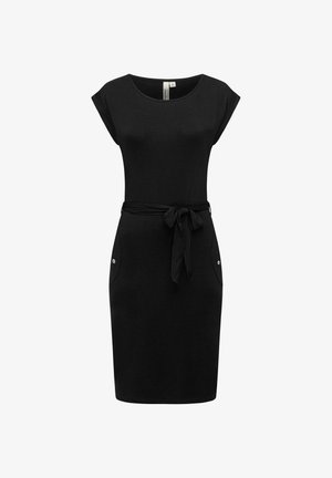 Schwarzes Stretchkleid mit kurzen, aufgerollten Ärmeln, rundem Ausschnitt, taillierter Taille, gebundenem Gürtel-Detail und zwei Seitentaschen mit metallischen Akzenten.
