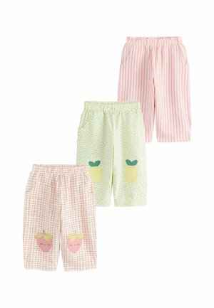Három pár gyerek rugalmas derekú rövidnadrág: rózsaszín csíkos, világoszöld citromos foltokkal, fehér kockás eper foltokkal.