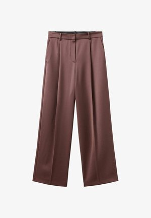 Weite Hosen in dunkelbraunem Stoff mit glatter Textur, mit vorderen Falten und seitlichen Taschen. Maßgeschneiderter Bund ohne sichtbare Beschläge.
