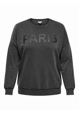 Felpa grigio scuro con scollatura rotonda e spalle cadenti. Presenta una stampa testurizzata "PARIGI" sulla parte anteriore, con polsini e orlo a coste.