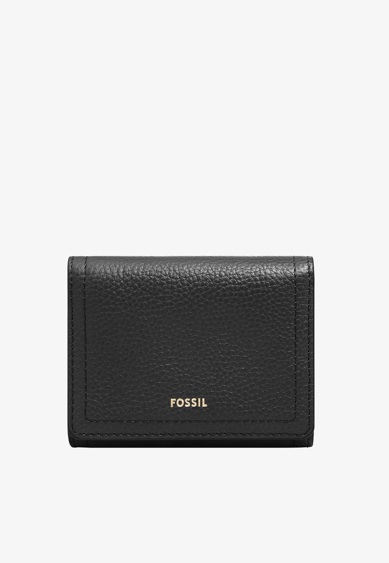 Portafoglio in pelle nera con superficie texturizzata, caratterizzato da un logo in rilievo dorato, e una forma rettangolare compatta con dettagli di cucitura pulita.