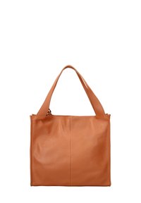 Borsa a spalla in pelle marrone con finitura texturizzata, due manici robusti e una forma rettangolare spaziosa. Presenta linee pulite e dettagli minimali.