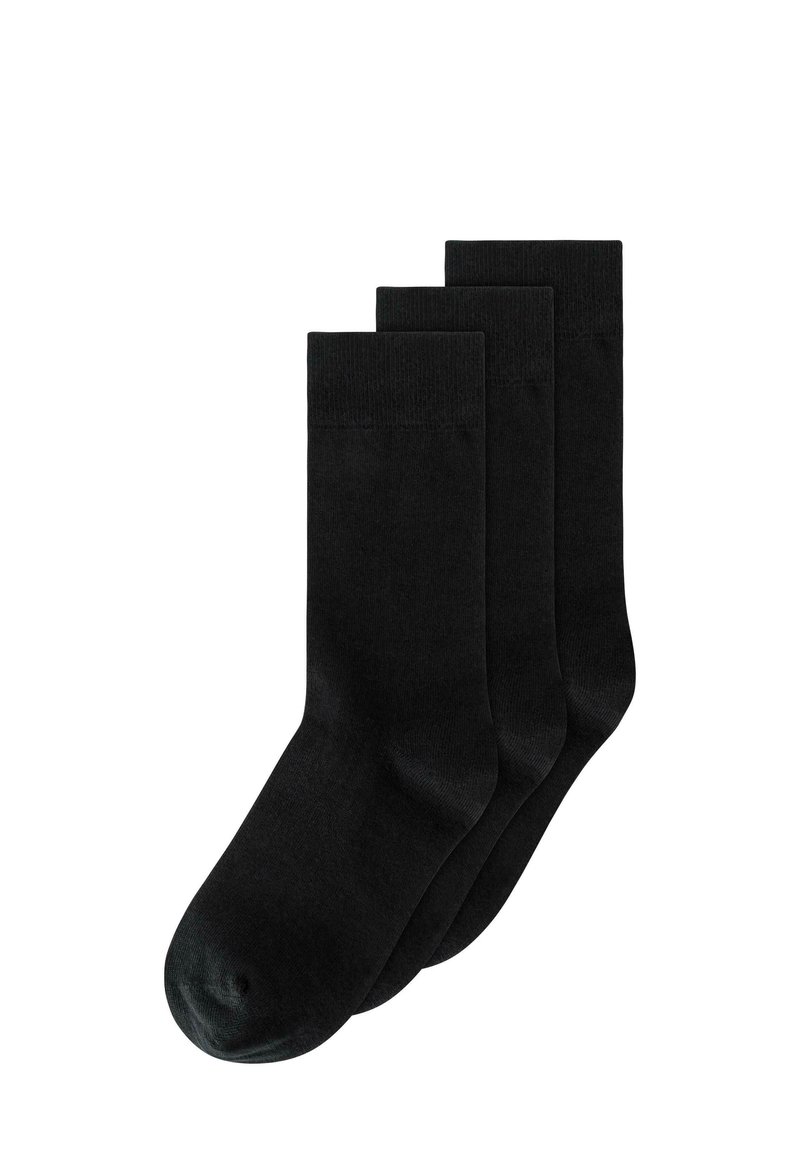 Schwarze Baumwollsocken, drei Paare, glatte Textur, mittellange Ausführung, verstärkte Zehen, gerippte Bündchen. Keine sichtbaren Muster oder Akzente.