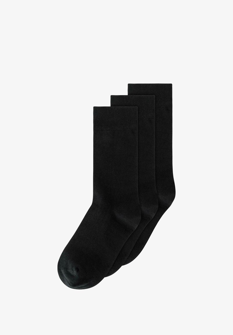 Schwarze Baumwollsocken, drei Paare, glatte Textur, mittellange Ausführung, verstärkte Zehen, gerippte Bündchen. Keine sichtbaren Muster oder Akzente.