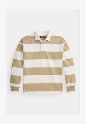 Koszulka polo z długim rękawem w beżowo-białe poziome paski, z klasycznym kołnierzykiem i małym logo przy szwie.