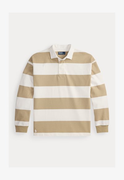 Μακρυμάνικη πόλο μπλούζα με οριζόντιες ρίγες σε μπεζ και λευκό, με κλασικό γιακά και μικρή διακοσμητική λεπτομέρεια λογότυπου στο τελείωμα.