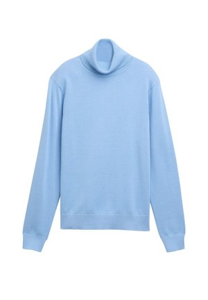 Hellblaues Rollkragensweatshirt aus weichem Strickmaterial, mit langen Ärmeln und schmalem Saum, ausgestattet mit gerippten Akzenten am Ausschnitt.