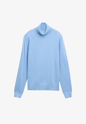 Hellblaues Rollkragensweatshirt aus weichem Strickmaterial, mit langen Ärmeln und schmalem Saum, ausgestattet mit gerippten Akzenten am Ausschnitt.