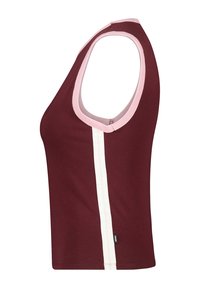 Burgundy sleeveless top with a round neckline. Features a white vertical stripe and pink trim. Made of soft, stretchy material.