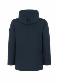 Granatowa kurtka puchowa z kapturem, o gładkiej fakturze, posiadająca zapinaną na zamek boczną kieszeń oraz regulowany sznurek przy kołnierzu.