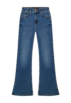 Μπλε τζιν παντελόνι με ψηλή μέση και φαρδιά πόδια, που διαθέτει εμπρόσθιες τσέπες, θηλιές για ζώνη και κλείσιμο με κουμπί.