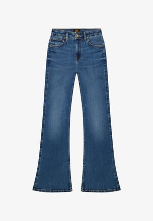 Jeans en denim bleu à taille haute et jambes évasées, dotés de poches avant, passants pour ceinture et fermeture par bouton.
