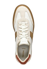 White and beige sneaker with suede accents and a rubber sole. Features a round toe, flat laces, and "GEOX" branding on the insole.