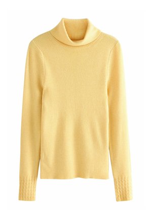 Gul ribbet strikket turtleneck sweater med lange ærmer og kabelstrikdetaljer ved manchetten, præsenteret på en hvid baggrund.