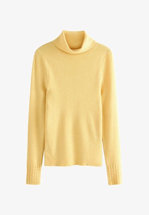 Yellow ribbed knit turtleneck sweater with long sleeves and cable knit detailing at the cuffs, displayed on a white background.
