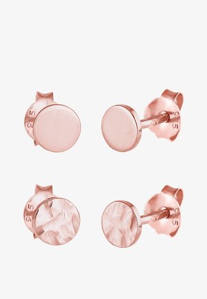 Cercei stud din aur roz, cu un design rotund neted și texturat, marcați "925" pentru conținut de argint sterling. Stil minimalist și modern.