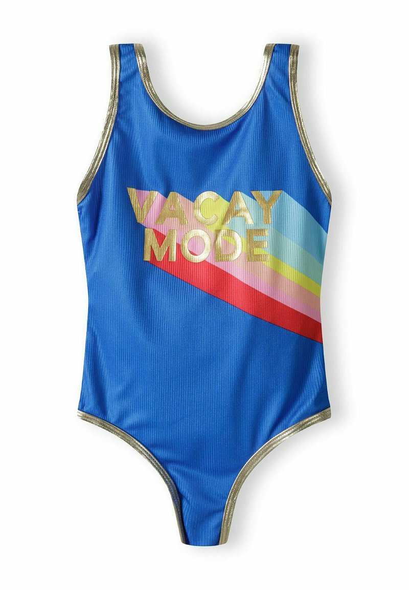 Maillot de bain une pièce bleu avec texture côtelée, présentant des finitions dorées. À l'avant, on trouve des rayures diagonales colorées et le texte "VACAY MODE".