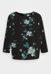 Sort top med 3/4 ærmer, der har et blomstermotiv i turkist og hvidt, glat tekstur, rund halsudskæring og en let løs pasform.