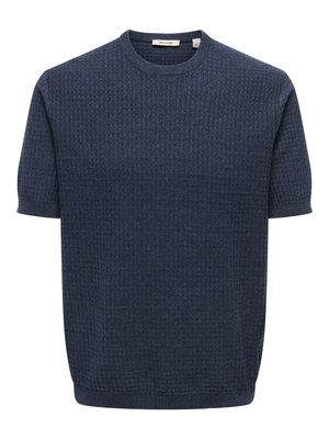Marineblauwe gebreide trui met korte mouwen, subtiel gestructureerd patroon en ronde halslijn.