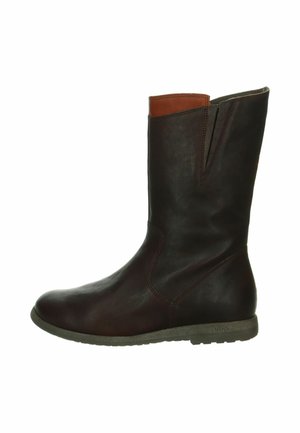 Brown leather ankle boot with a textured finish, featuring a brown accent at the top, a flexible sole, and side elastic for easy wear.