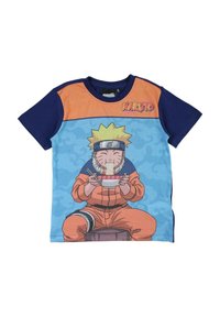 T-shirt bleu avec une impression graphique d'un personnage mangeant des ramen. Sections orange et marine au niveau des épaules, tissu en coton, col rond.