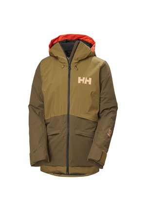Veste d'extérieur à capuche vert olive et marron avec fermeture éclair frontale, doublure intérieure orange, logo Helly Hansen sur la poitrine et la manche.