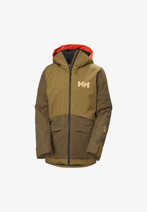 Veste d'extérieur à capuche vert olive et marron avec fermeture éclair frontale, doublure intérieure orange, logo Helly Hansen sur la poitrine et la manche.