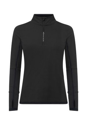 Zwarte lange mouwen pullover gemaakt van lichtgewicht stof, met een halve rits nek, zijpaneel accenten en duimgaten bij de manchetten.