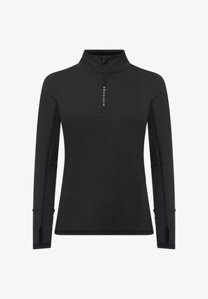 Sort langærmet pullover lavet af letvægtsstof, med halv-lynlås ved halsen, sidepanel detaljer og tommelfingerhuller ved manchetterne.
