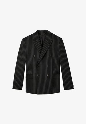 Black double-breasted blazer with white pinstripes. Features notched lapels, two front pockets, and textured fabric. Six buttons on front.