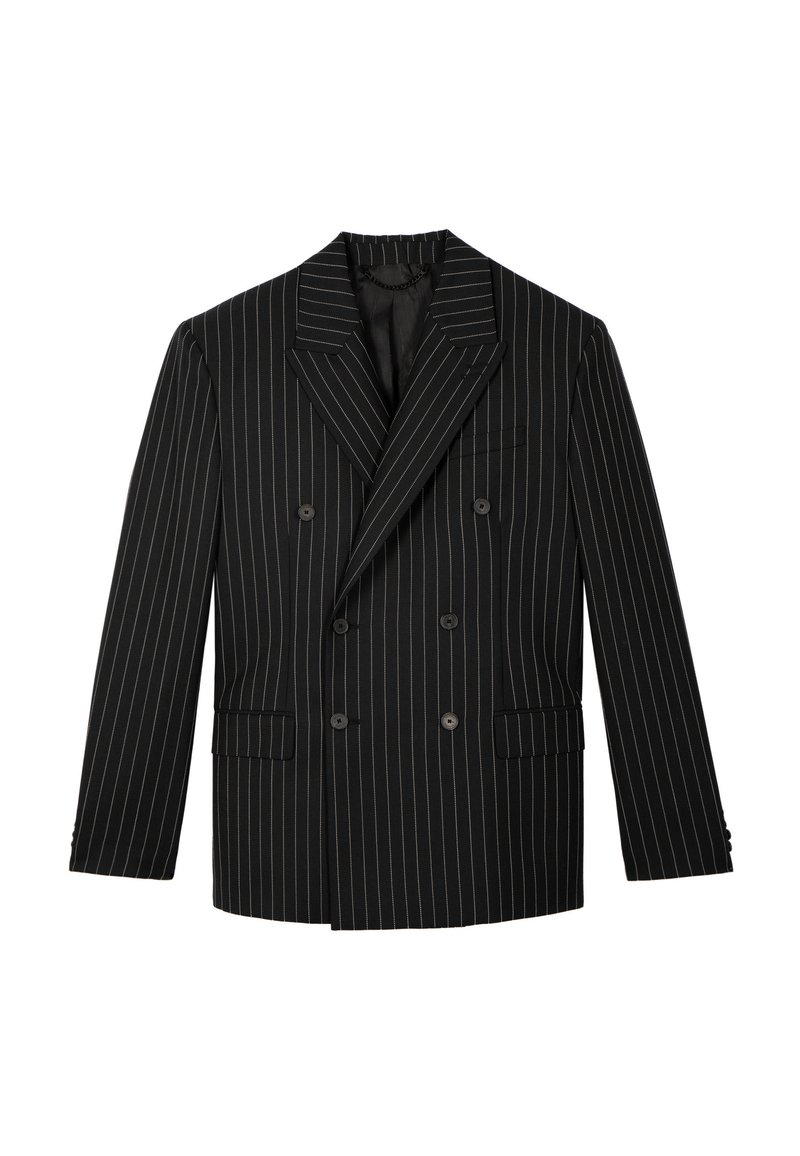 Blazer noir à double boutonnage avec fines rayures blanches. Caractéristiques : revers crantés, deux poches avant et tissu texturé. Six boutons sur le devant.