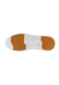 Suola della scarpa con base in gomma bianca, motivi testurizzati per la presa e accenti arancioni con design esagonali e a onde.