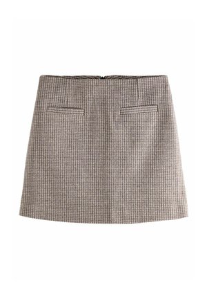 Brauner und beiger Minirock mit Hahnentrittmuster und hoher Taille, zwei horizontalen vorderen Eingrifftaschen und einem Reißverschluss auf der Rückseite.