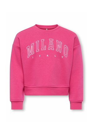 Bright pink crewneck sweatshirt with ribbed cuffs and hem, featuring white "MILANO ITALY" text across the chest.