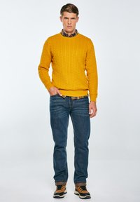 Maglione giallo a trecce, jeans blu, scarpe marroni e nere. Il maglione presenta un colletto e polsini a costine, indossato sopra una camicia a quadri.