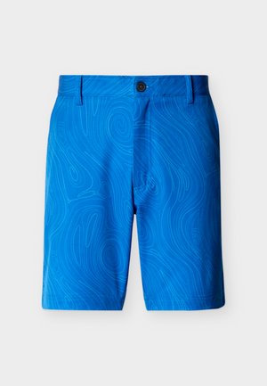 Modre moške kratke hlače z nežnim vzorcem topografske konture, gumbnim zapiranjem in zankami za pas, prikazane na belem ozadju.