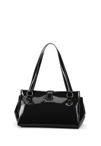 Schwarze Lacklederhandtasche mit zwei Griffen, rechteckiger Form, goldfarbene Hardware-Akzente und einer glatten, glänzenden Oberfläche.