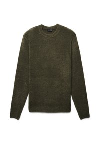 Dunkelgrüner, langärmeliger Pullover aus weichem, strukturiertem Material mit Rundhalsausschnitt und lockerer Passform, ohne sichtbare Verschlüsse oder Muster.