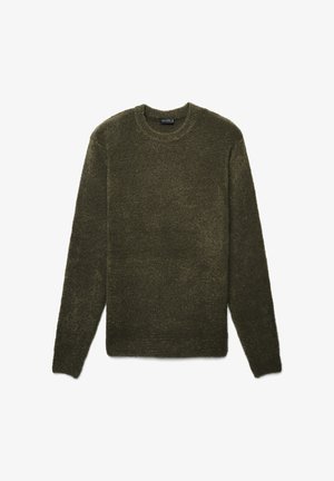 Dunkelgrüner, langärmeliger Pullover aus weichem, strukturiertem Material mit Rundhalsausschnitt und lockerer Passform, ohne sichtbare Verschlüsse oder Muster.